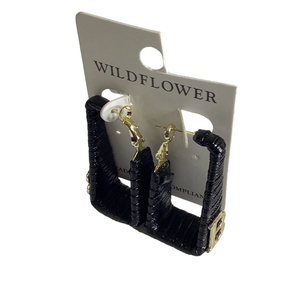 French Hook Black Rectangular Earrings in woven design